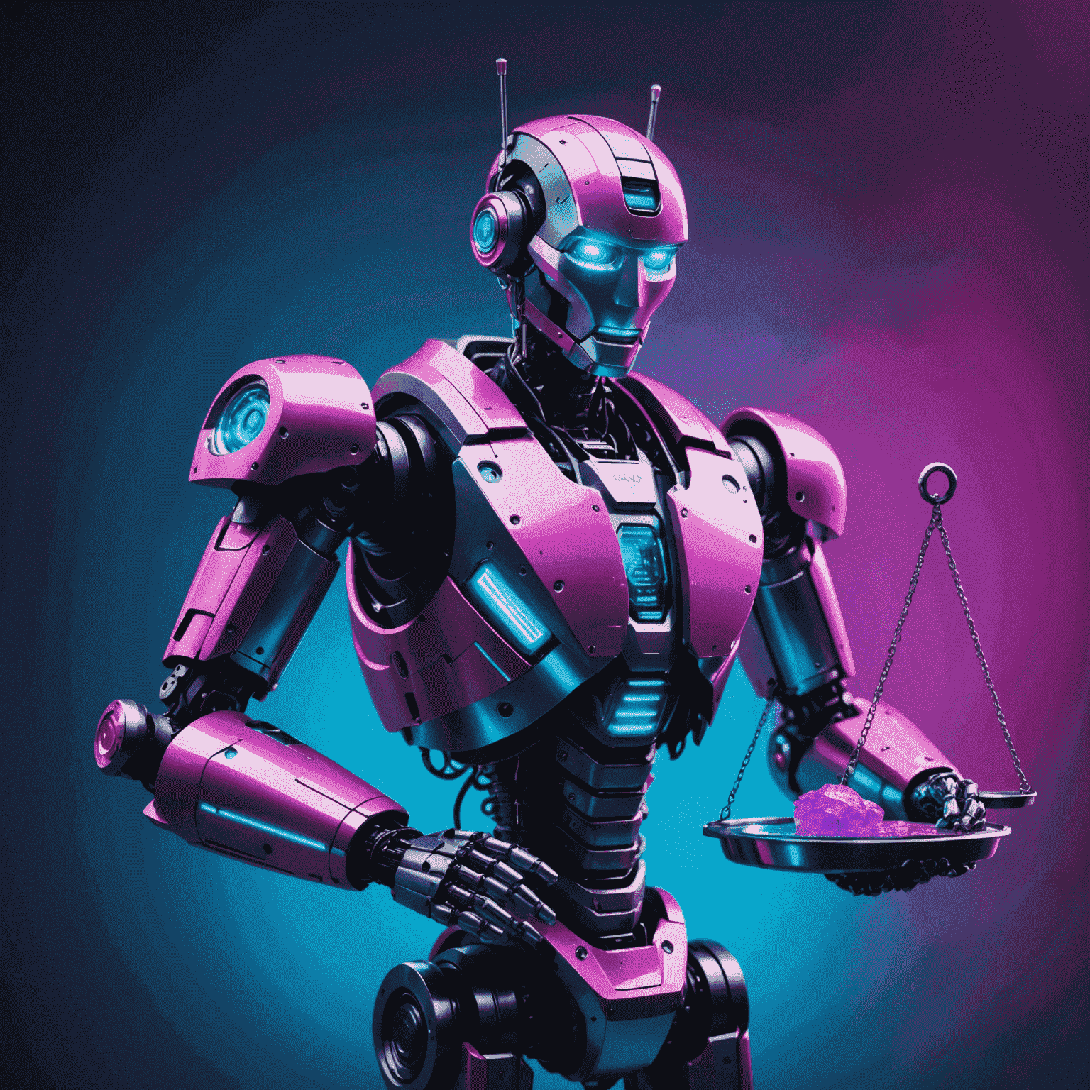 Une image représentant un robot tenant une balance, symbolisant l'équilibre entre l'innovation en IA et l'éthique. Le robot est illuminé par des néons bleus et magentas.