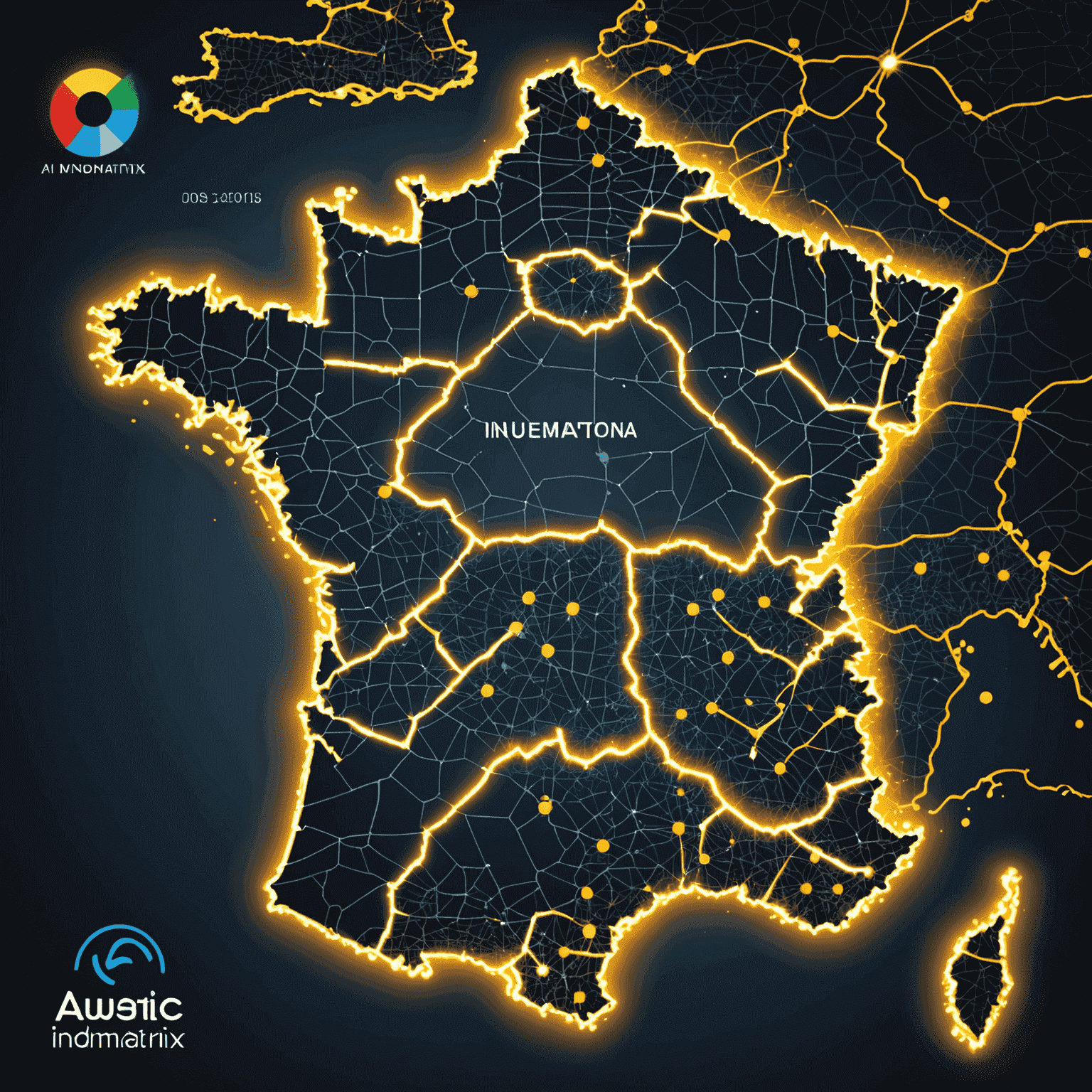 Une carte de la France illuminée par des points lumineux représentant l'innovation en IA, avec le logo de MindMatrix en surimpression.