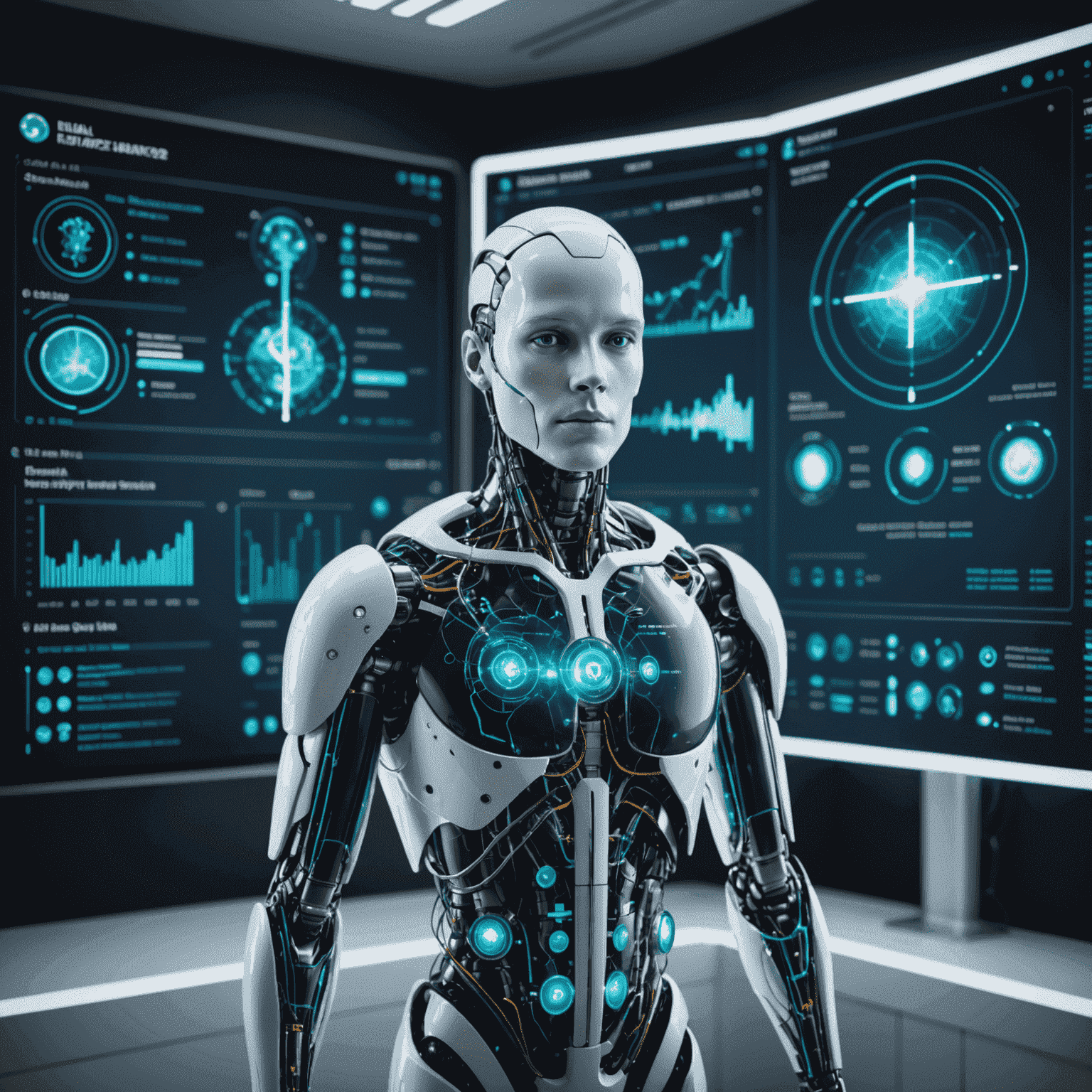 Une image montrant une interface futuriste d'un système de santé basé sur l'IA, avec des graphiques de données patients et des indicateurs éthiques