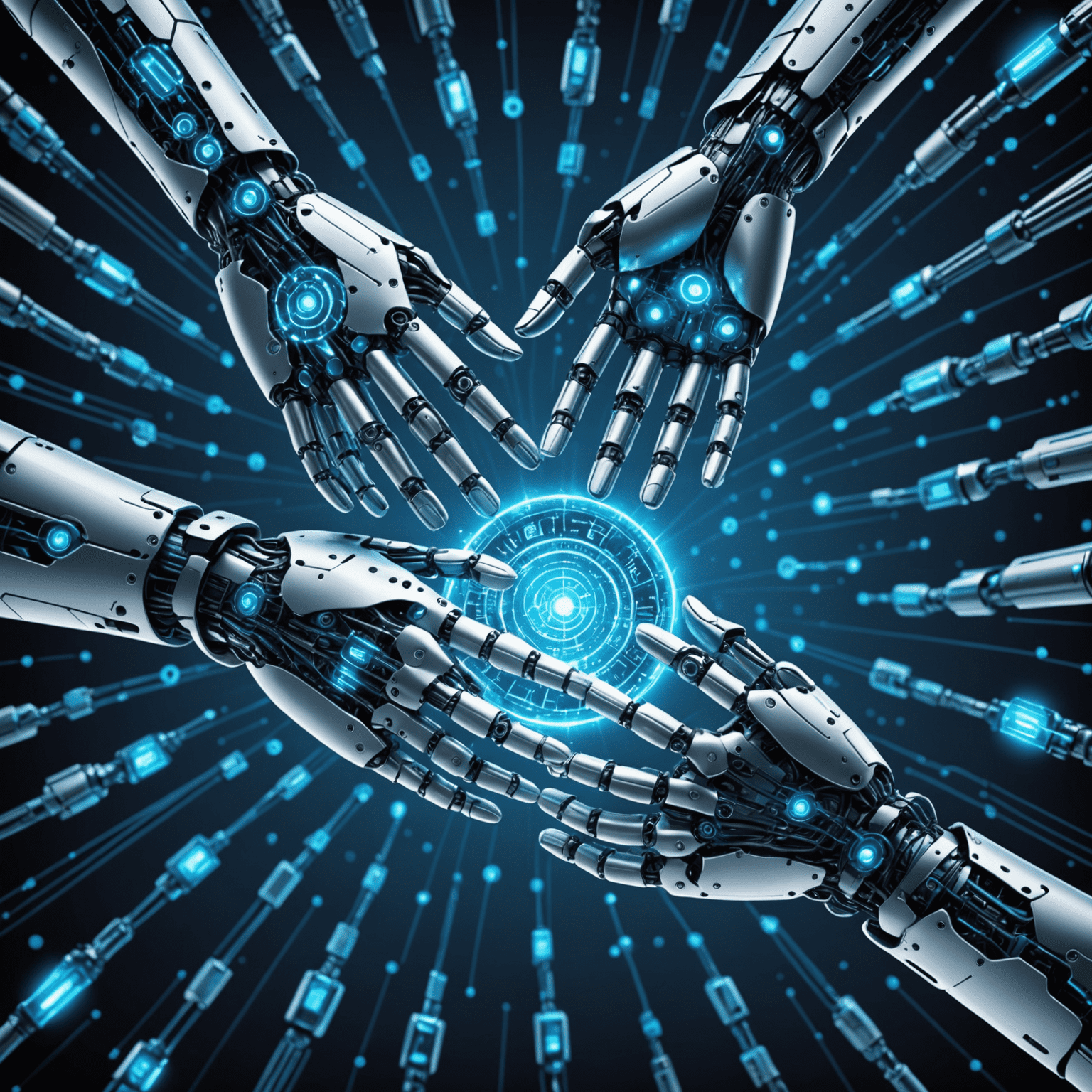 Une illustration montrant des mains humaines et robotiques se rejoignant, entourées de symboles éthiques et de code binaire, le tout dans des tons de bleu électrique.